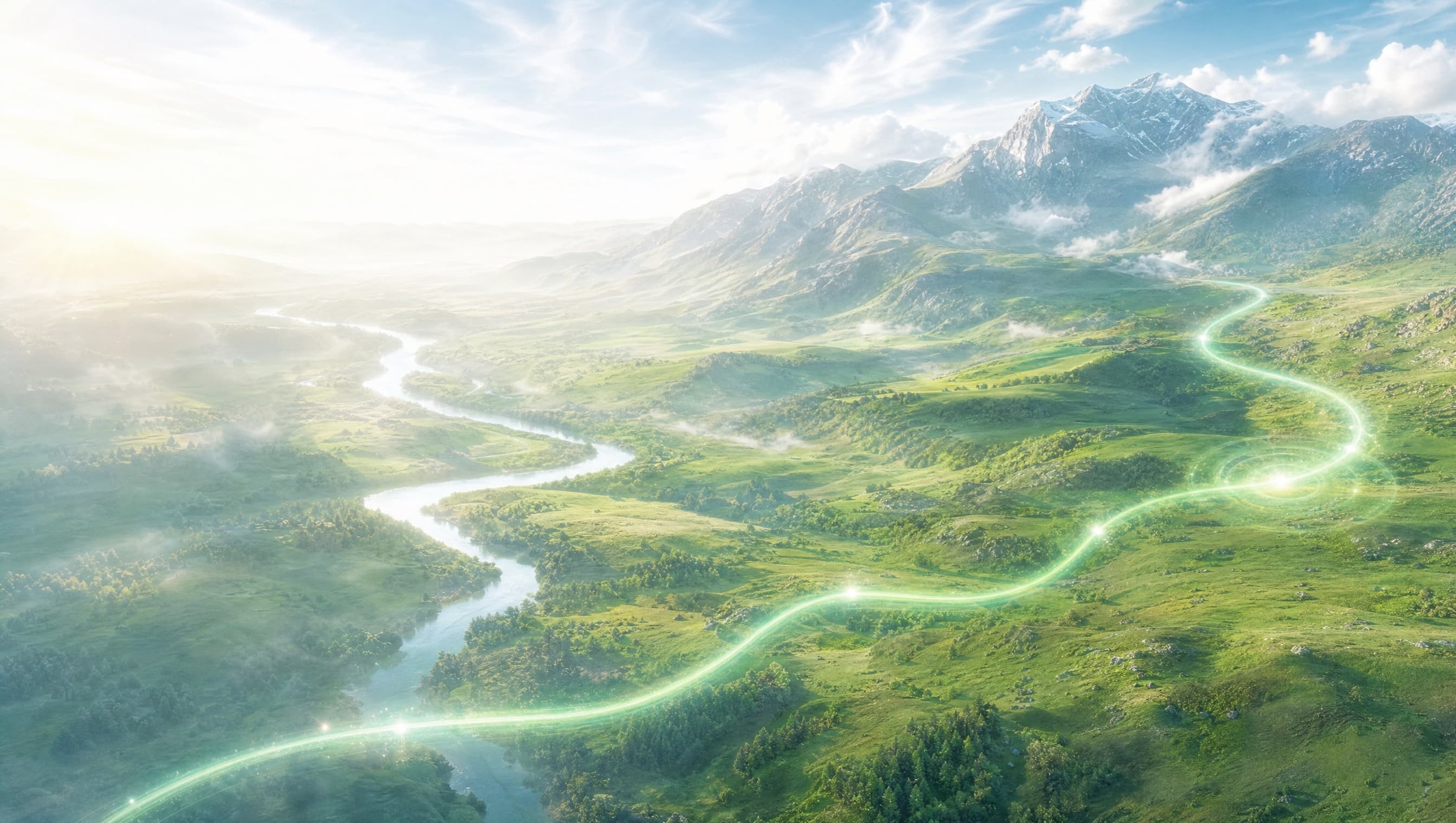 A winding mint light route across a sunlit green valley with glowing beacons along it, the last one pulsing