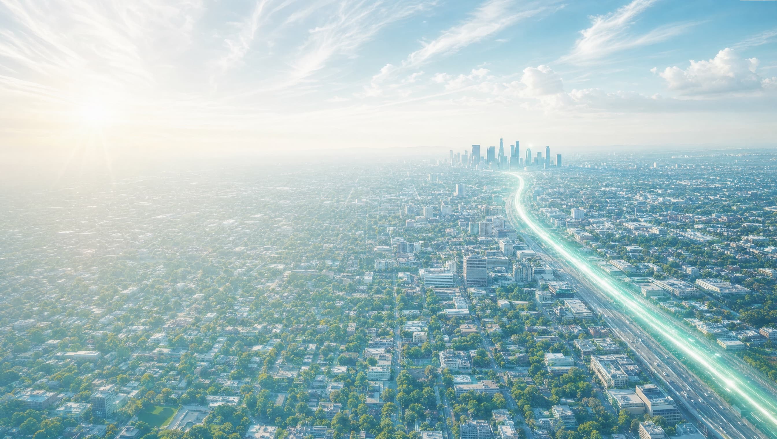 Aerial view of an American city at sunrise with a mint light streak racing along a highway toward downtown